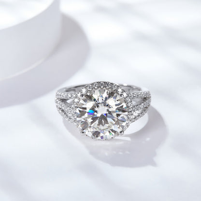 5 Carat Round Moissanite Halo Engagement Ring, Split Shank Pavé Style
