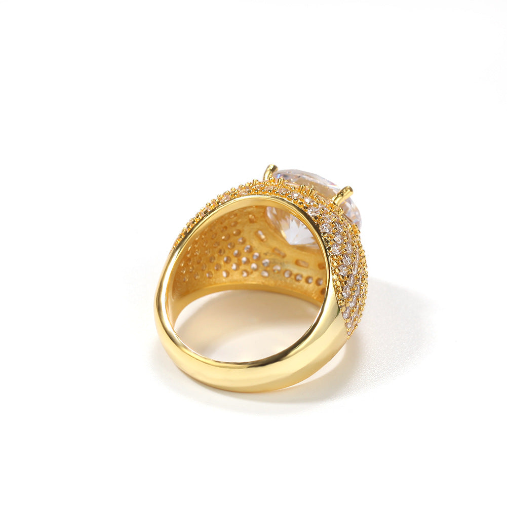 Unisex Gold Plated Cubic Zirconia Statement Ring - Round Halo Hip Hop Style Band