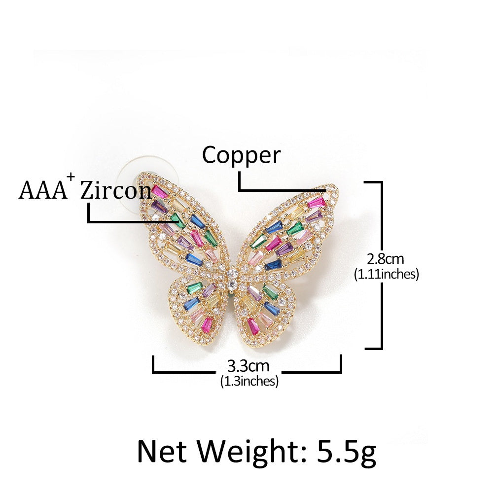 Pink Butterfly Cubic Zirconia Stud Earrings for Women - Rose Gold Tone Copper Statement Earrings