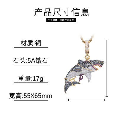Iced Out Shark Pendant Necklace in Gold Tone with Cubic Zirconia Hip Hop Statement Chain