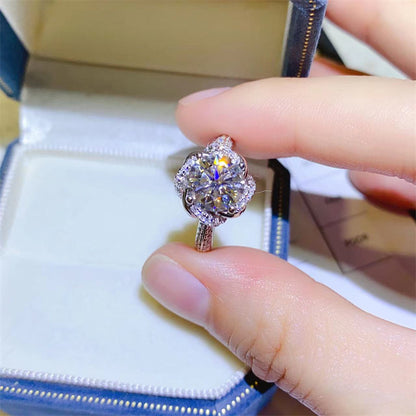AU750 White Gold Moissanite Flower Halo Ring for Women, 1 Carat or 2 Carat, U Shape Geometric Band, Sizes 9-19