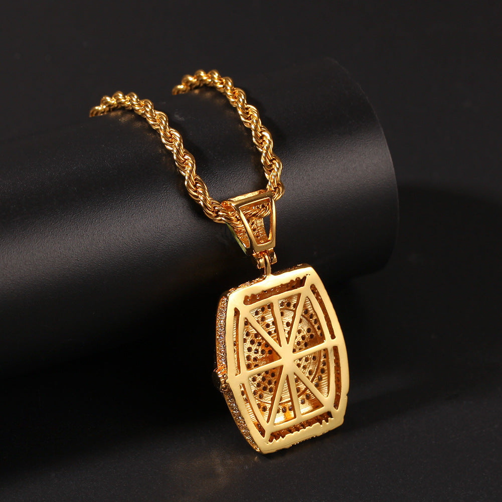 Iced Watch Pendant Necklace for Men & Women – Cubic Zirconia Square Statement Chain in Gold or Silver Tone