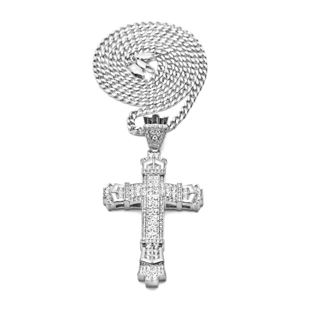 Iced Cross Pendant Necklace with Cuban Chain for Men & Women – Gold or Silver Statement Hip Hop Chain