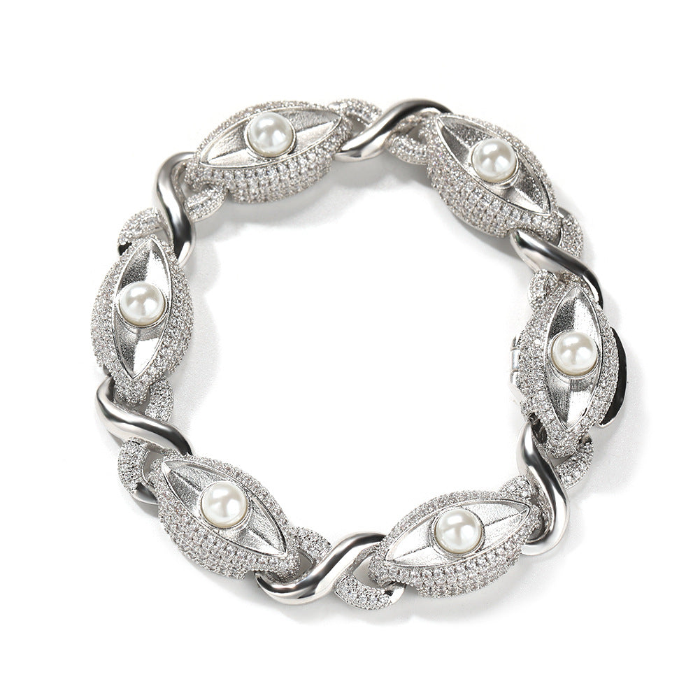 Men’s Iced Two-Tone Cuban Link Necklace & Bracelet Set with Pearl Detail and Rhinestone Paved Copper Finish product image