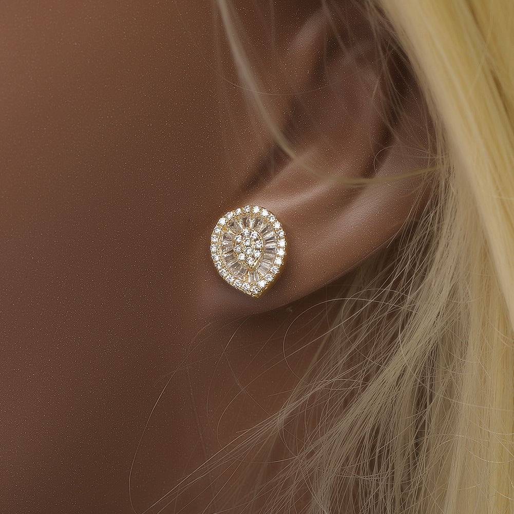 Unisex Teardrop Stud Earrings – Gold Plated or Silver Plated Copper Statement Earrings with Crystal Shine