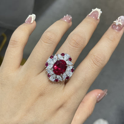S925 Sterling Silver Ruby Halo Ring for Women, Floral Red Gemstone Ring