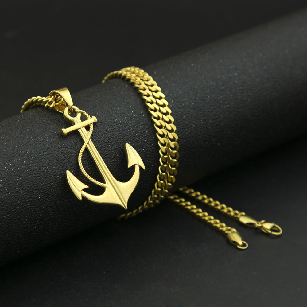Unisex Gold Plated Stainless Steel Anchor Pendant Necklace with 5mm Cuban Chain product image