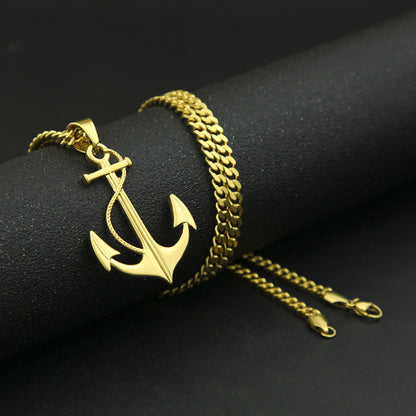 Unisex Gold Plated Stainless Steel Anchor Pendant Necklace with 5mm Cuban Chain