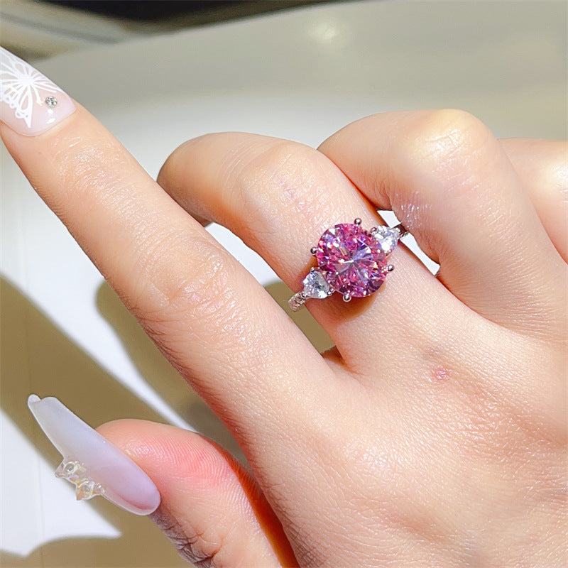 Pink Oval Moissanite Ring for Women, 5 Carat Three-Stone Engagement Ring with Side Accents product image