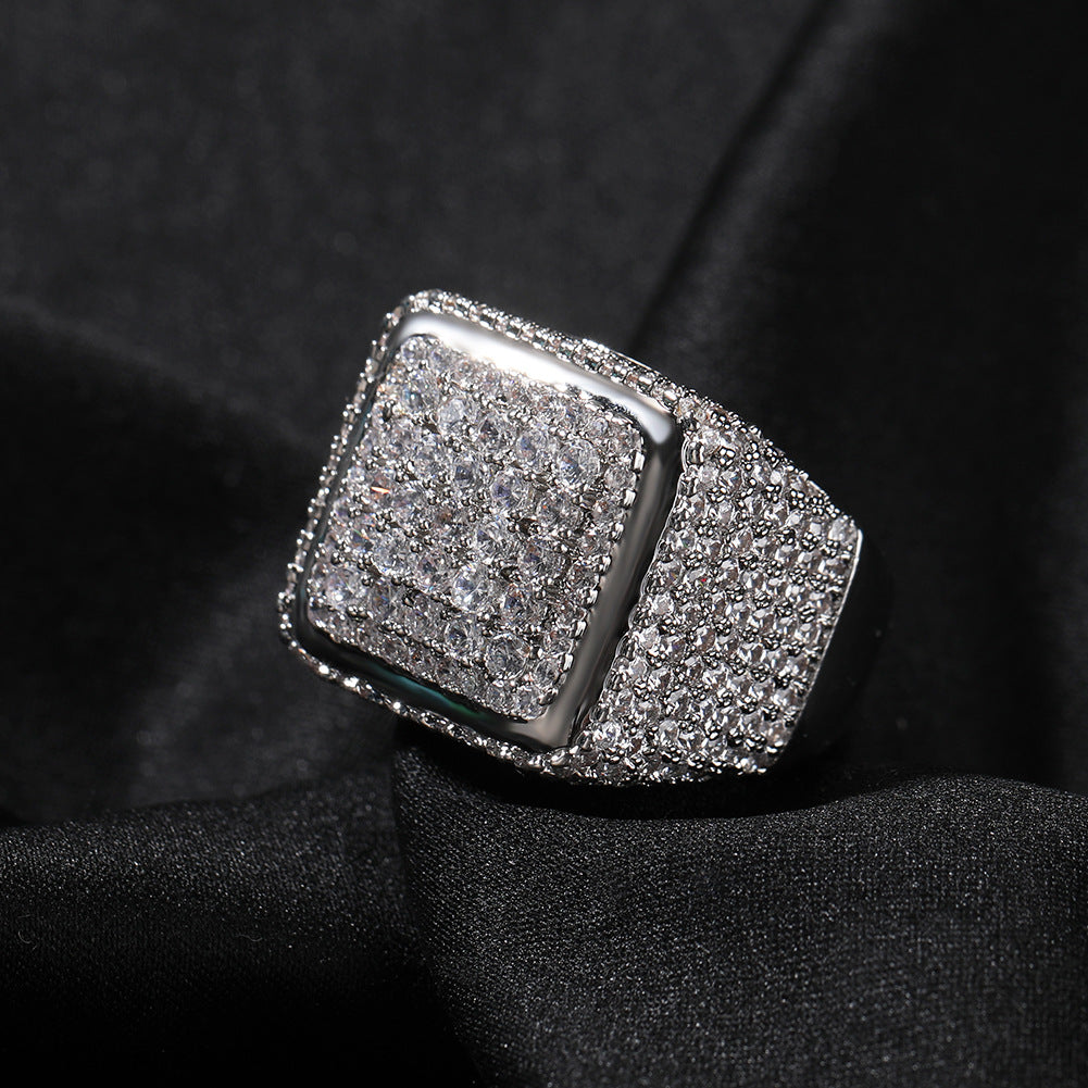 Silver tone square center cubic zirconia statement ring on black fabric product image
