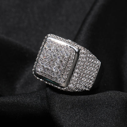 Silver tone square center cubic zirconia statement ring on black fabric