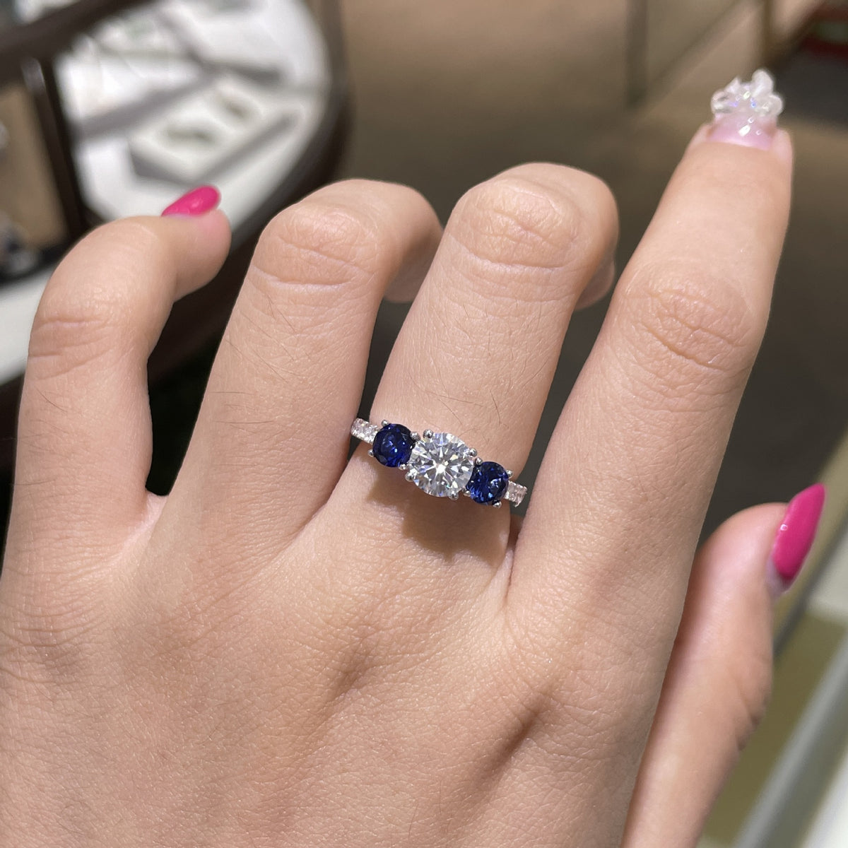 Three-Stone Moissanite Ring for Women, Blue Accent Engagement Ring product image