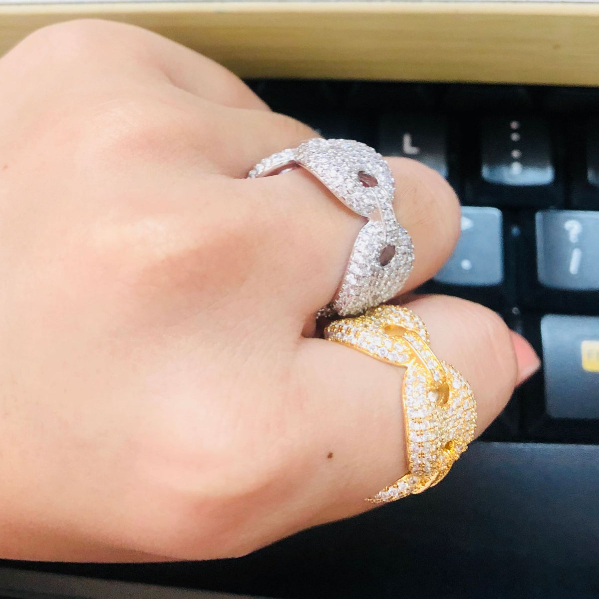 Unisex Iced Cuban Link Ring with Clear Cubic Zirconia – Gold Plated or Silver Plated Statement Chain Ring product image