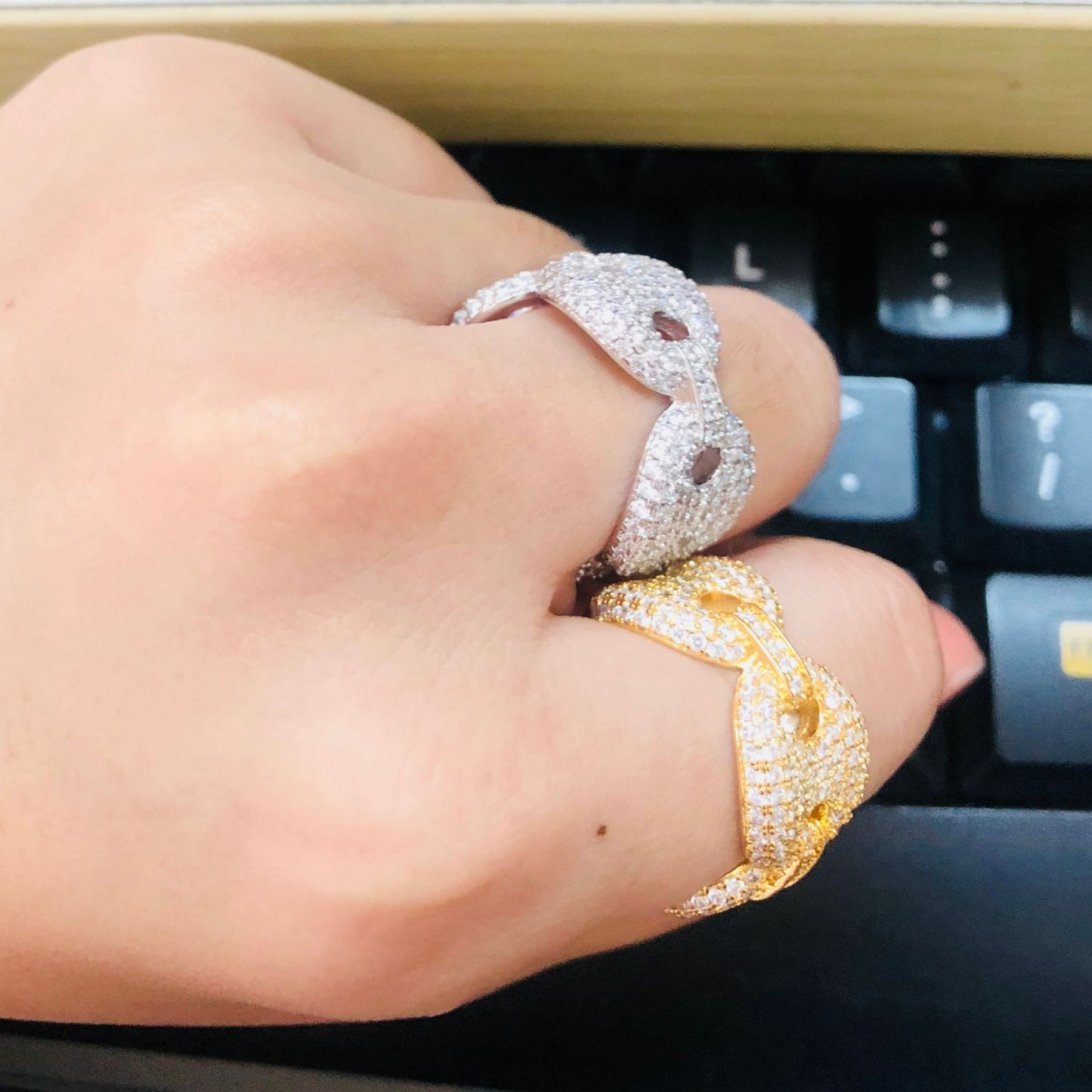 Unisex Iced Cuban Link Ring with Clear Cubic Zirconia – Gold Plated or Silver Plated Statement Chain Ring
