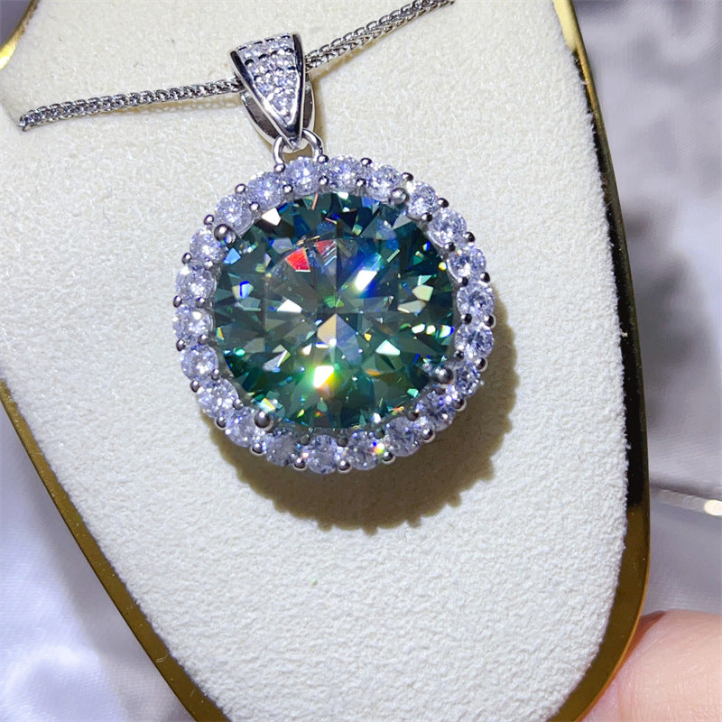 20 Carat Green Moissanite Halo Pendant Necklace for Women, Round Oversized Statement Necklace product image