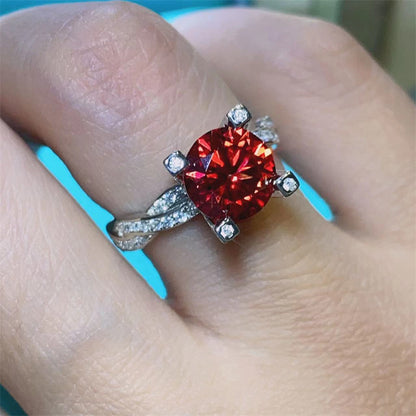 2 Carat Pigeon Blood Red Moissanite Ring for Women, Round Cut Twist Band Ring