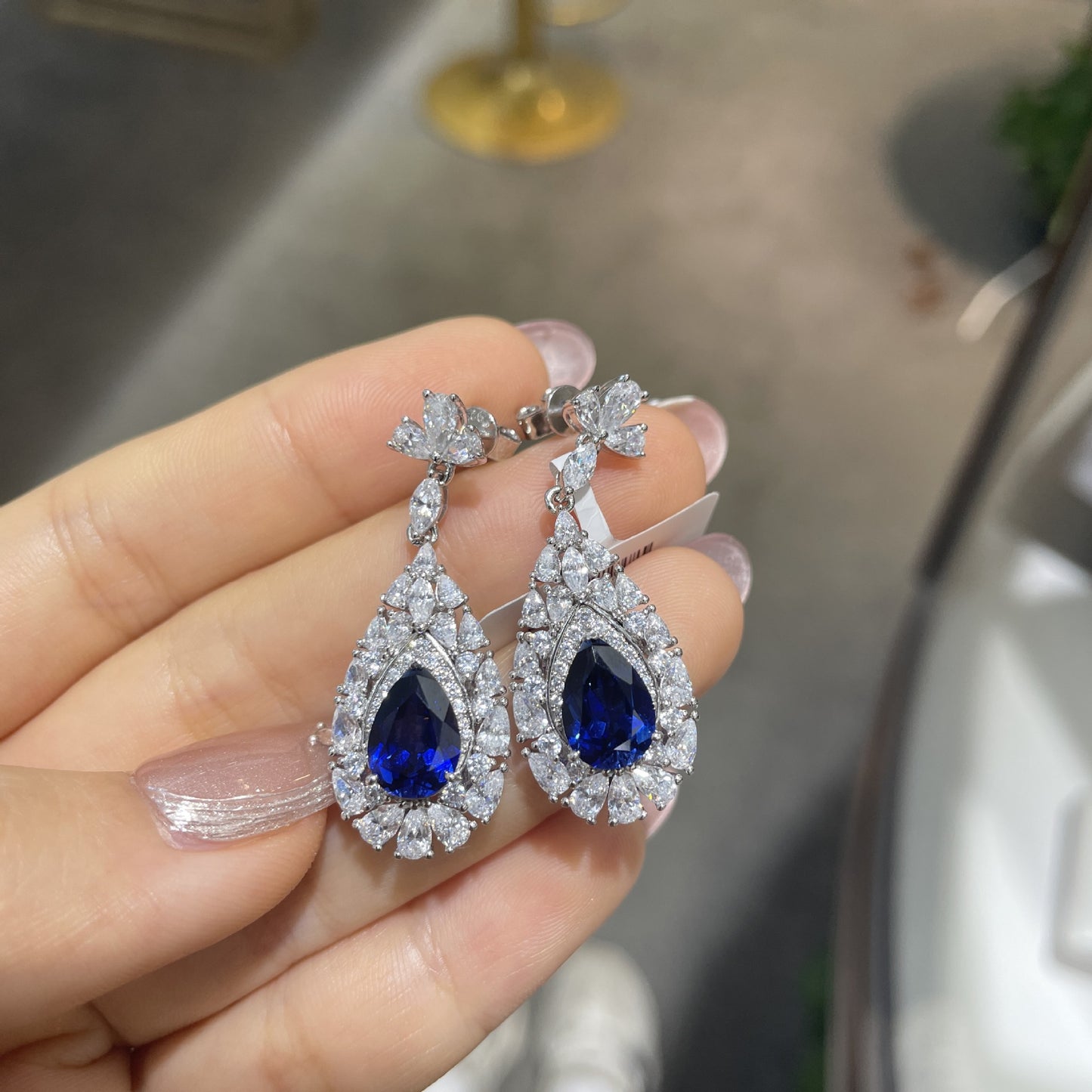 Lab-Grown Blue Sapphire Teardrop Drop Earrings for Women, 925 Silver Floral Halo product image