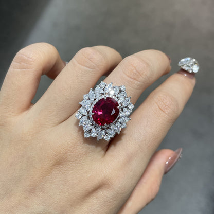 Lab-Grown Ruby Floral Halo Pendant Necklace
