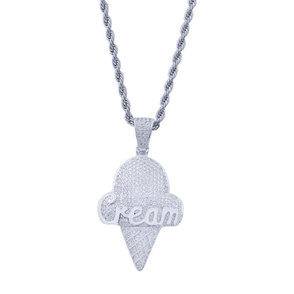 Iced Ice Cream Pendant Necklace with Cubic Zirconia Rope Chain for Women & Men