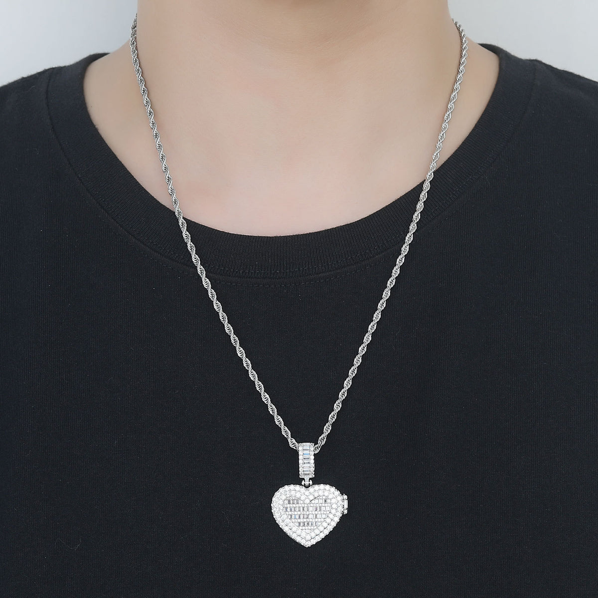Square Round Photo Frame Cubic Zirconia Pendant Necklace for Men and Women product image