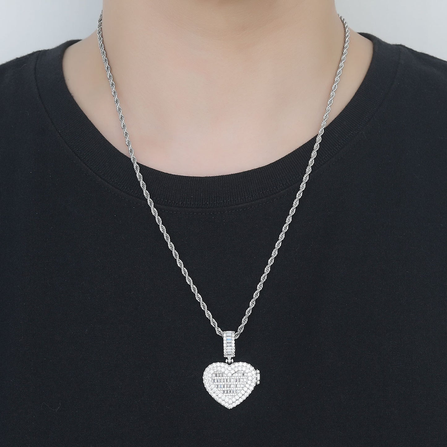 Square Round Photo Frame Cubic Zirconia Pendant Necklace for Men and Women