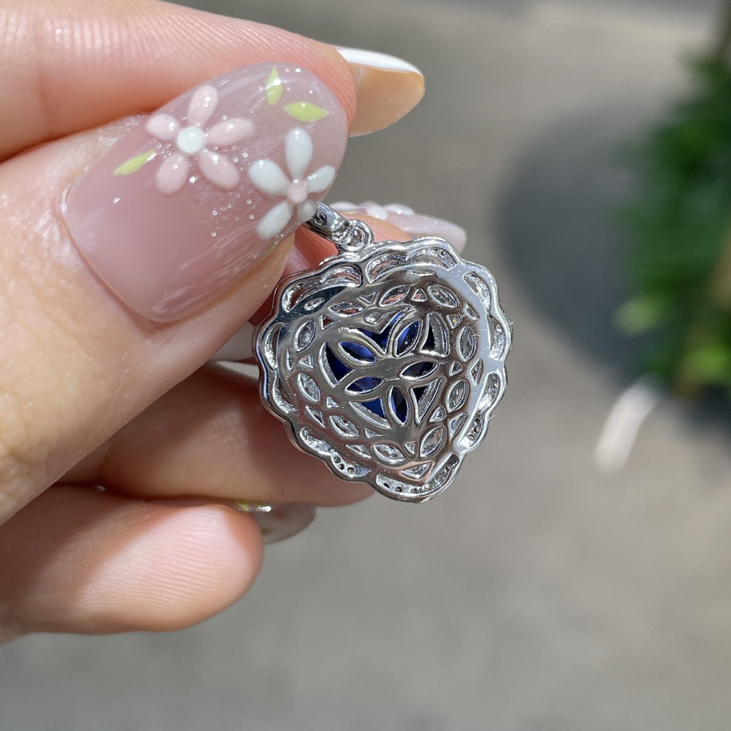 4 Carat Heart Blue Sapphire Pendant Necklace, Lab-Created, Floral Halo, S925 Silver product image