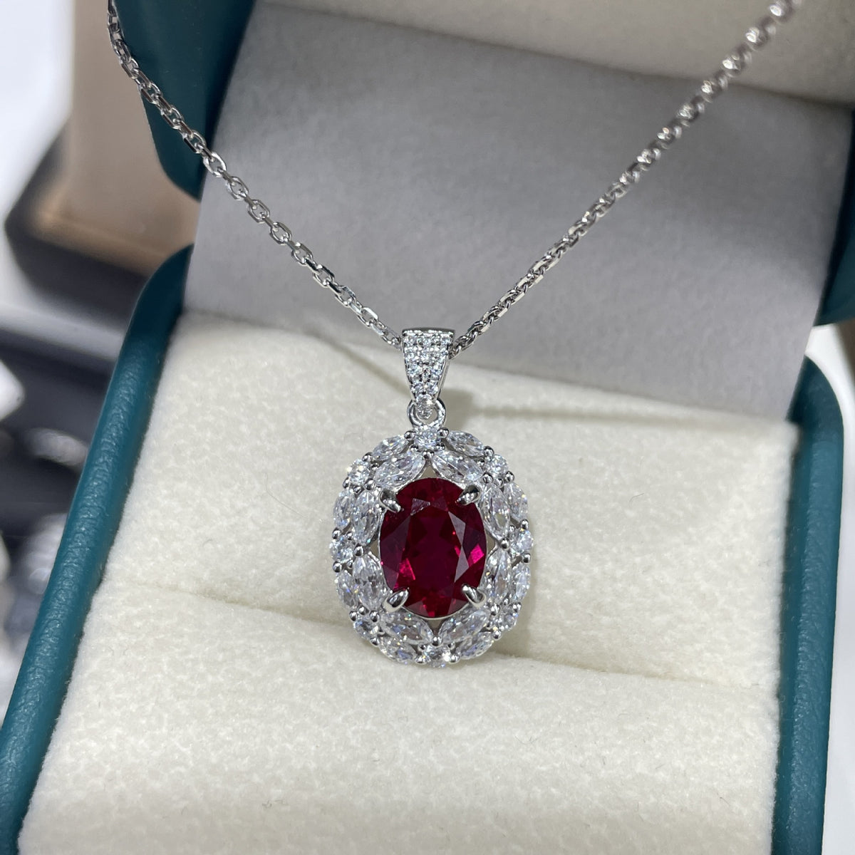 Oval Lab-Grown Colored Gemstone Halo Pendant Necklace for Women product image
