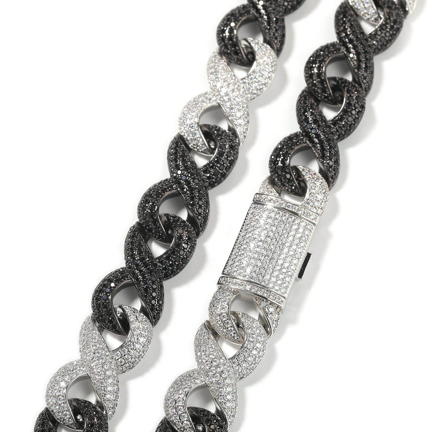 Iced Out Black & Silver Cuban Link Chain Necklace with Double Ring Pendant for Women & Men