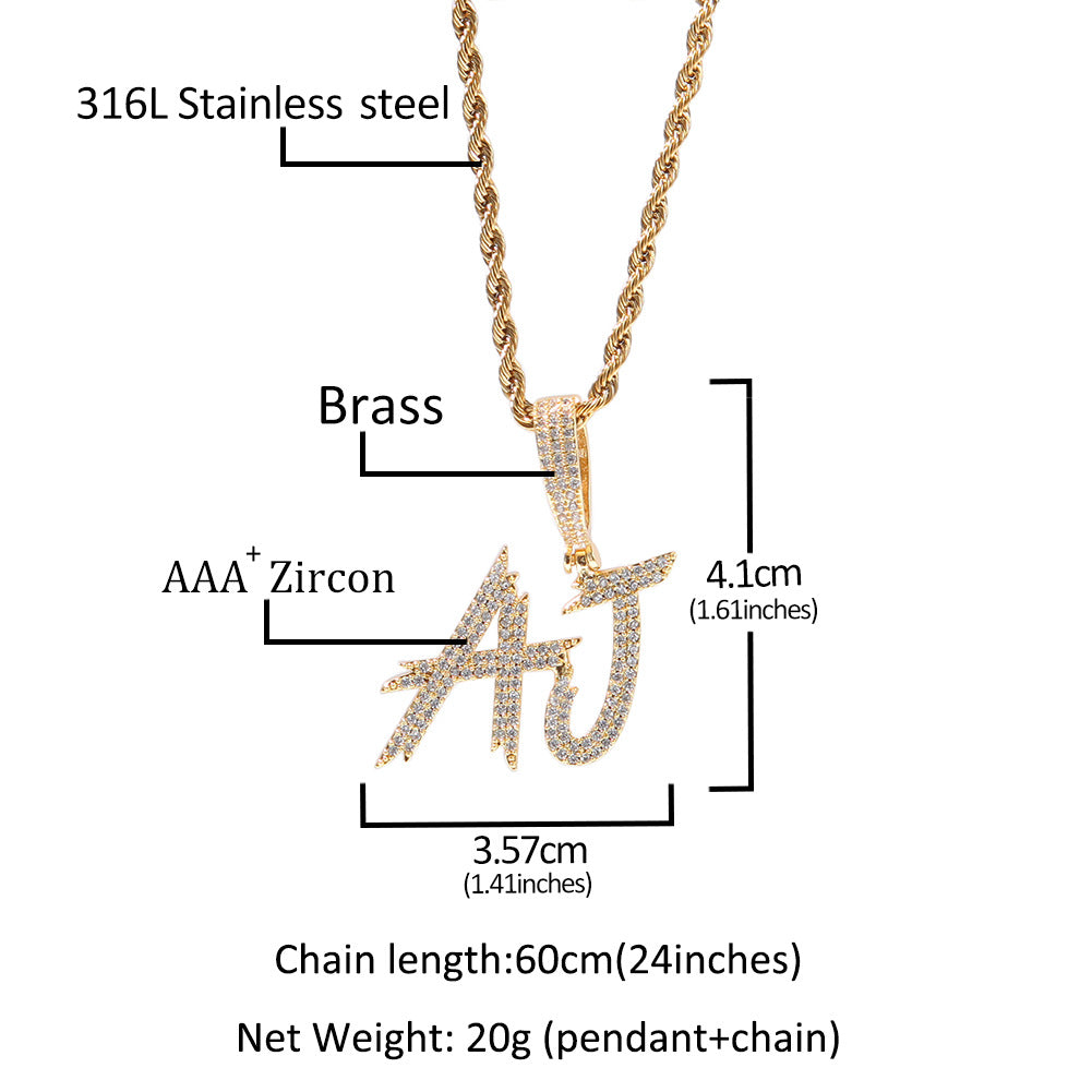 Custom 2-6 Letter Iced Initial Pendant Necklace for Men & Women - Gold or Silver Tone Zircon Letter Charm with Free 24 Inch Stainless Steel Rope Chain