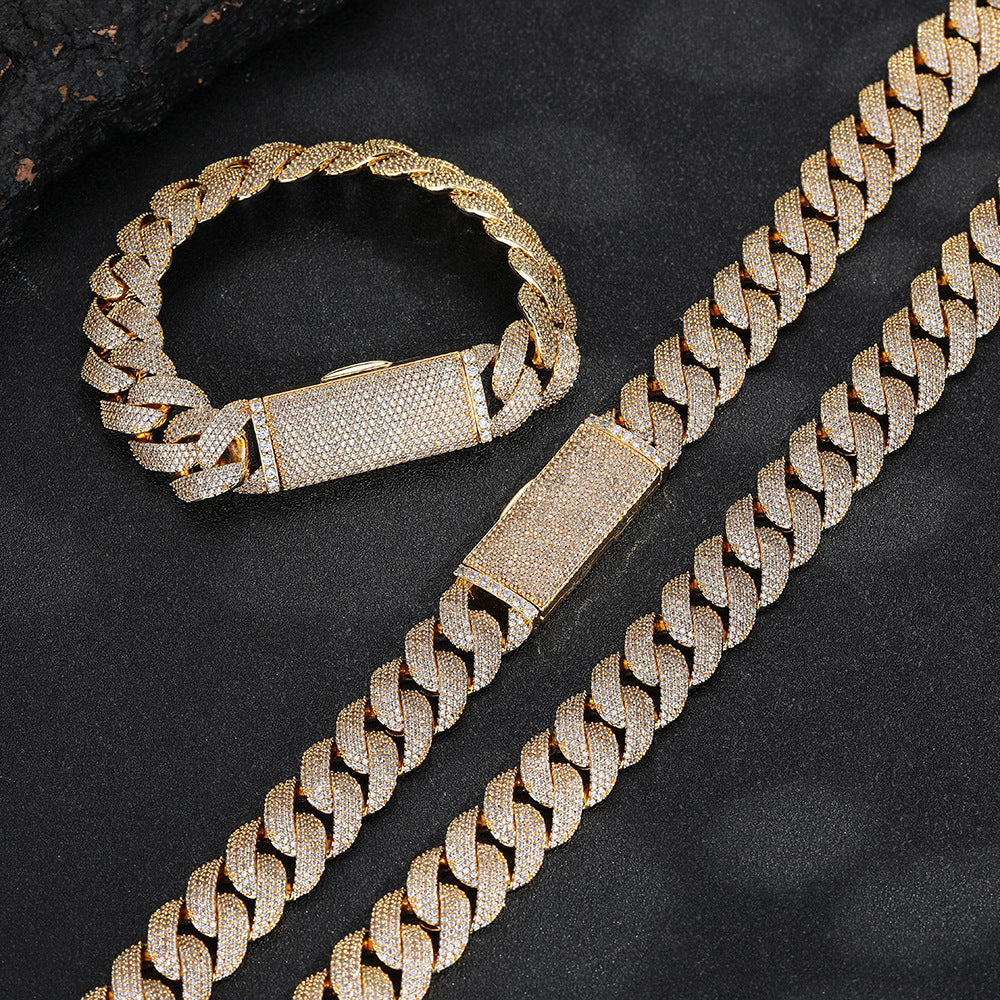 15mm Iced Out Cuban Link Chain Necklace & Bracelet, Unisex Cubic Zirconia Hip Hop Style product image