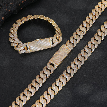 15mm Iced Out Cuban Link Chain Necklace & Bracelet, Unisex Cubic Zirconia Hip Hop Style