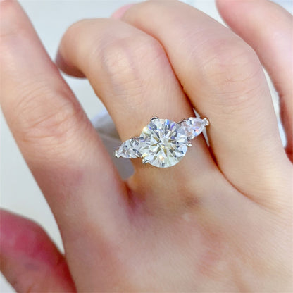 3 Carat Moissanite Ring for Women, Three-Stone Engagement Ring with Round Center and Pear Side Stones