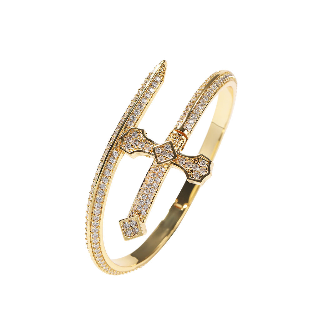 Iced Nail Bangle Bracelet for Women with Cubic Zirconia - Trendy Gold, Silver & Rose Gold Statement Chain Bracelet product image