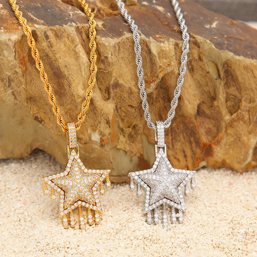 Iced Star Pendant Necklace for Women & Men - Gold Plated or Silver Plated Cubic Zirconia Statement Chain