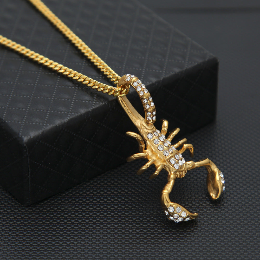 Gold Tone Scorpion Pendant Necklace with Cubic Zirconia Stainless Steel Cuban Chain for Women and Men