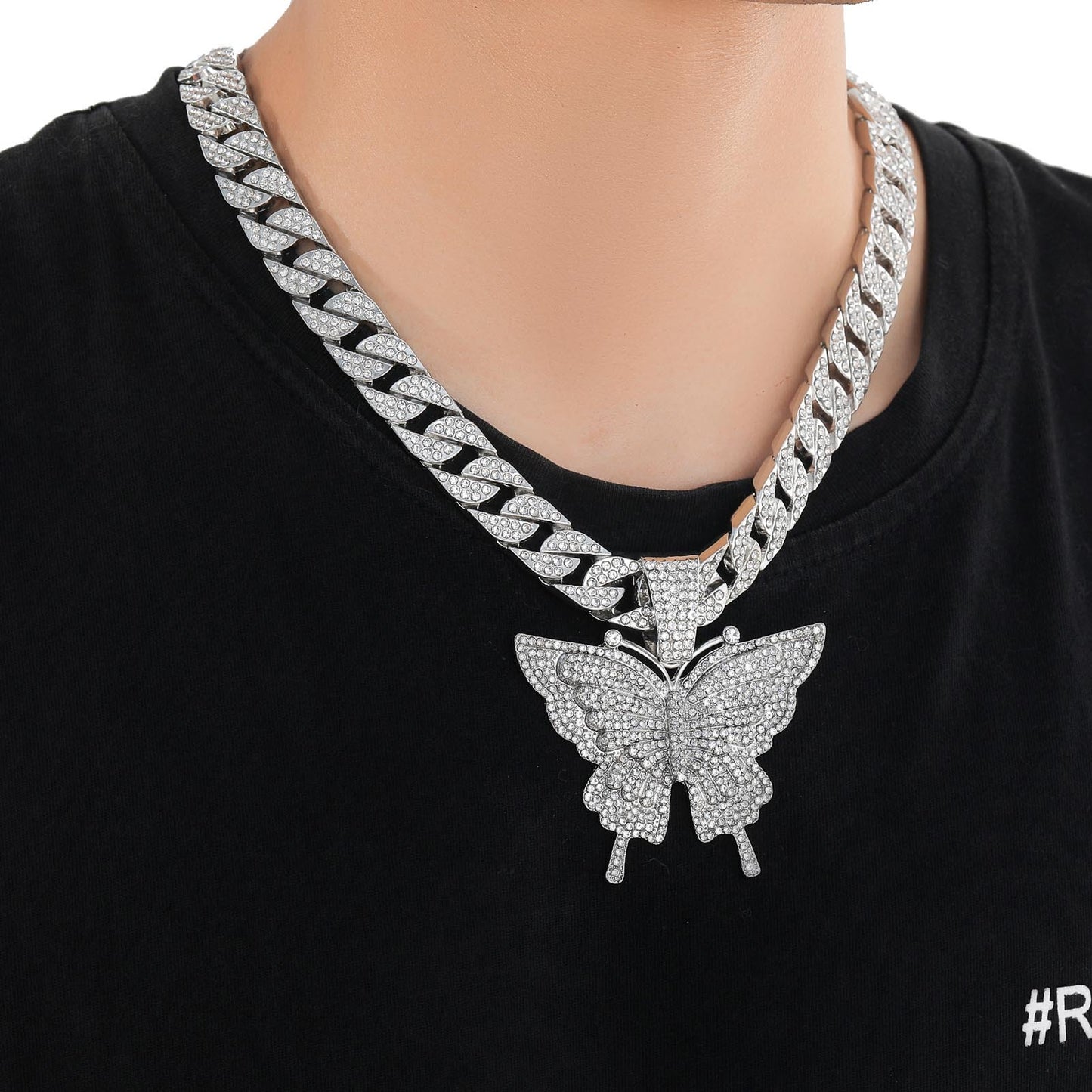 Butterfly Cuban Link Alloy Pendant Necklace for Men and Women
