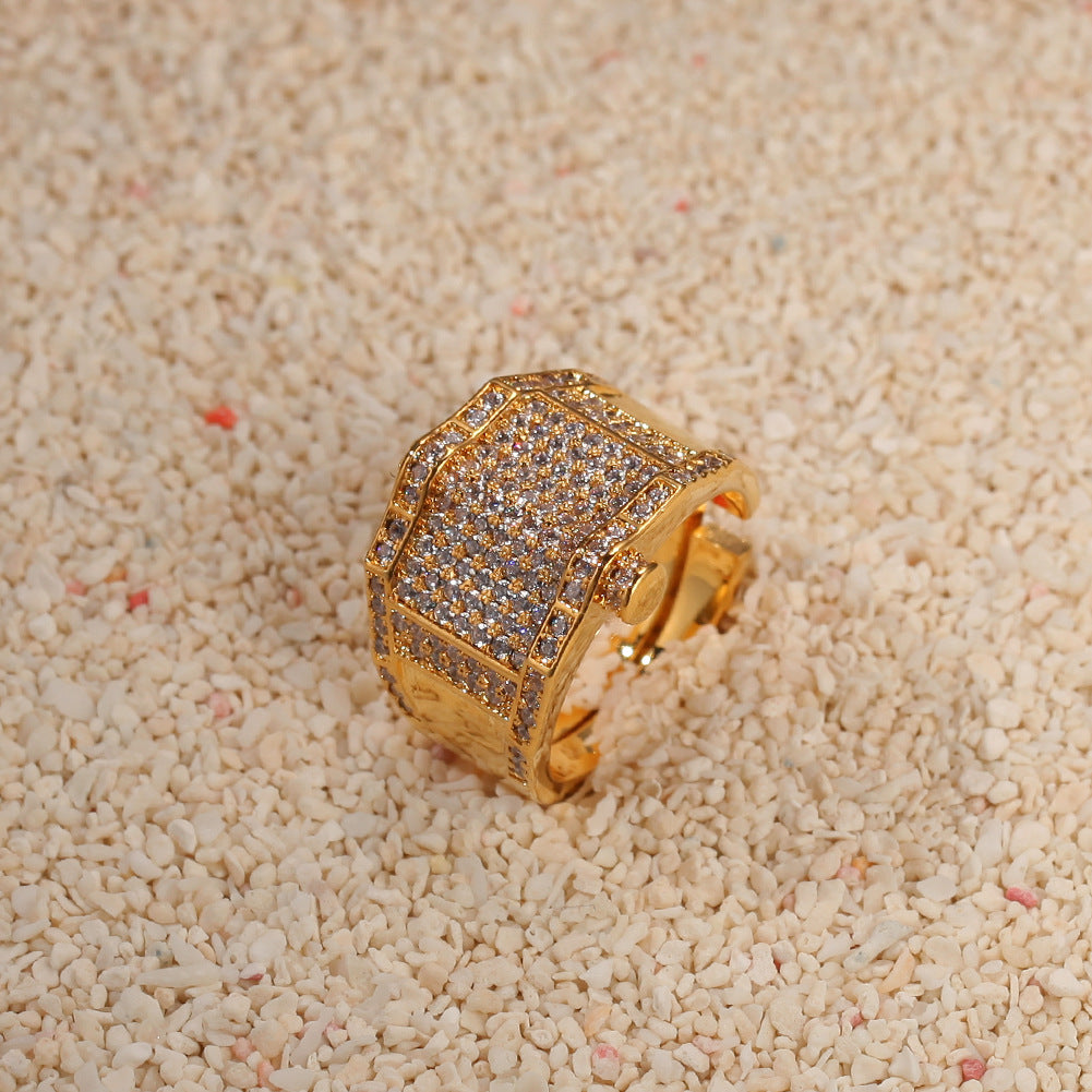 Unisex Hip Hop Gold Plated Statement Ring with Crystal Pave - Trendy Stackable Band for Women and Men