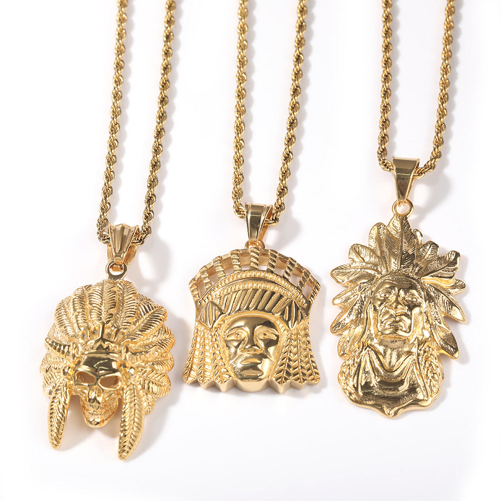 Stainless Steel Statement Pendant Necklace with Cuban Chain - Skull or Feather Headdress Charm in Gold Plated or Silver Tone product image