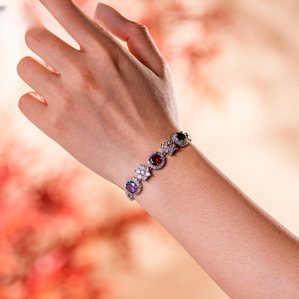 Elegant Multicolor Crystal Round Bracelet for Women - Luxury Plated Copper Chain Bracelet