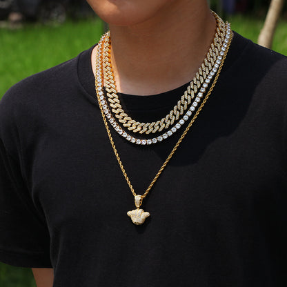 Unisex Iced Bear Pendant Necklace with Twisted Chain, Gold Plated & Silver Plated Statement Jewelry