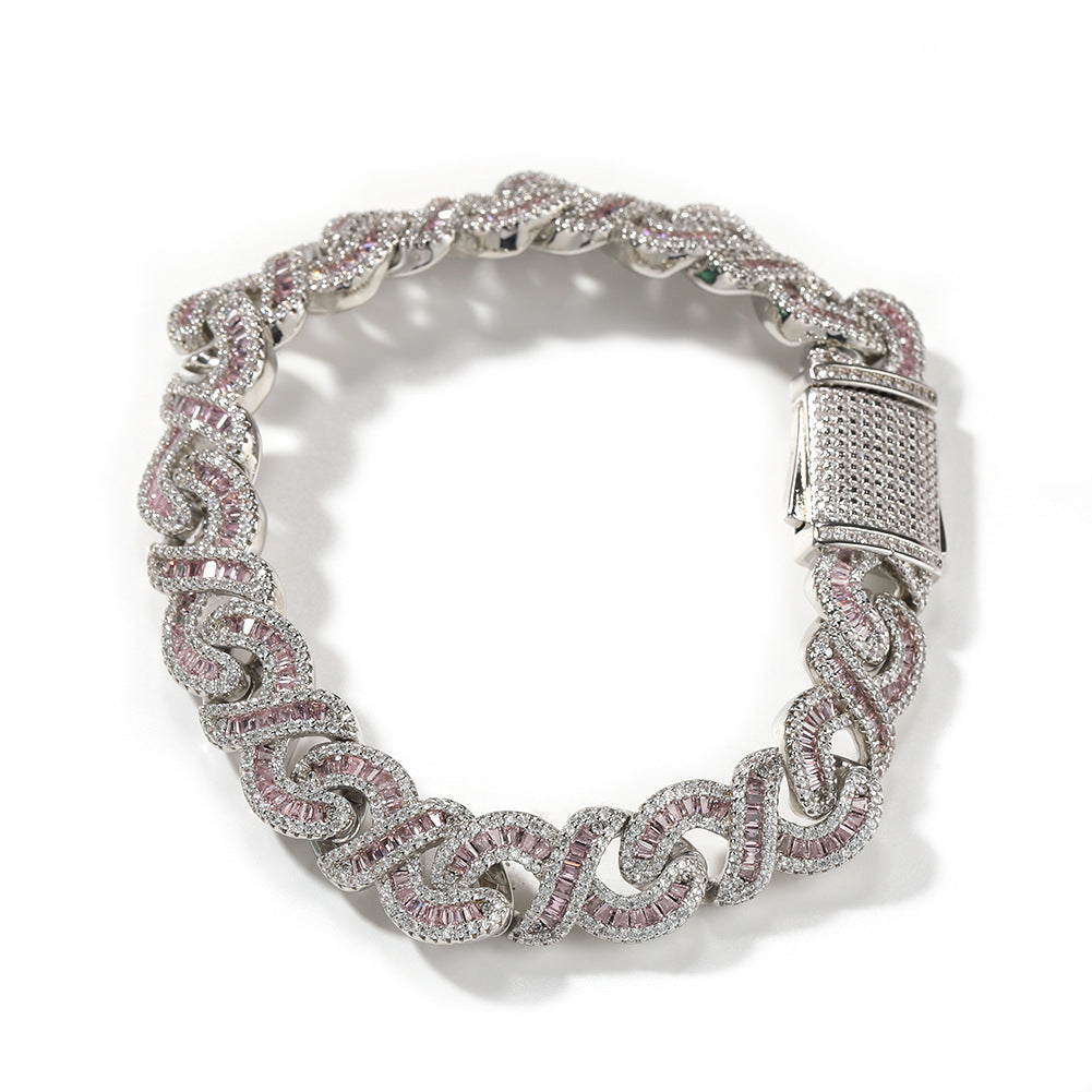 Unisex Cuban Link Cubic Zirconia Chain Bracelet Necklace Set in Silver Black or Silver Pink product image