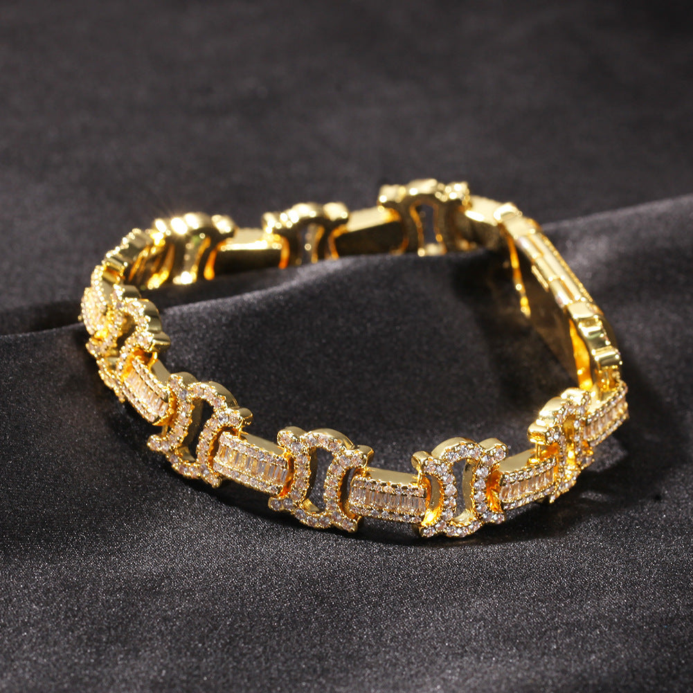 Unisex Cubic Zirconia Line Link Bracelet in Gold or Silver Tone – Hip Hop Statement Chain Bracelet, 7 Inch & 8 Inch