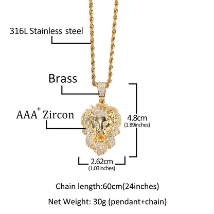 Men’s Lion Head Pendant Necklace with Cubic Zirconia Twist Chain in Gold Plated or Silver Plated