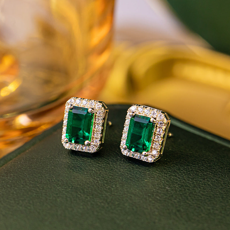 Lab-Grown Emerald Octagon Halo Stud Earrings for Women, S925 Silver product image