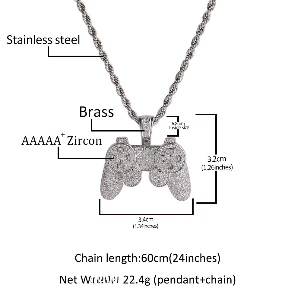 Iced Game Controller Pendant Necklace for Women – Gold or Silver Tone Hip Hop Statement Chain, Cartoon CZ Pendant