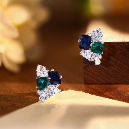 Green and Royal Blue Stone Stud Earrings for Women, S925 Silver, 18K Gold Plated