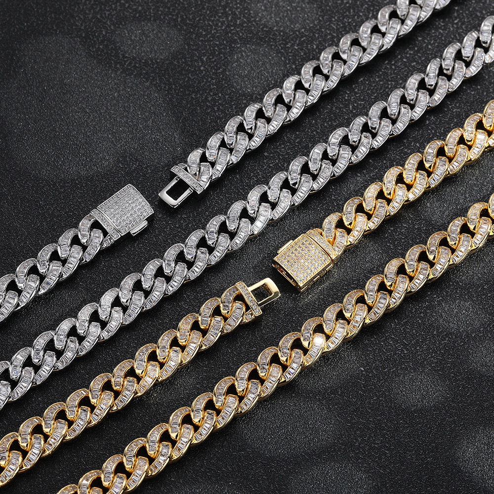 10mm Iced Cuban Link Chain Necklace, Zirconia-Set, Unisex Hip Hop Jewelry, White and Yellow Tone