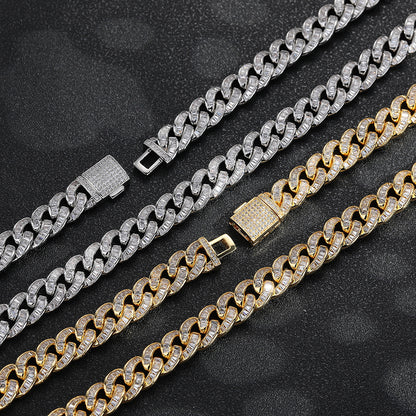 10mm Iced Cuban Link Chain Necklace, Zirconia-Set, Unisex Hip Hop Jewelry, White and Yellow Tone