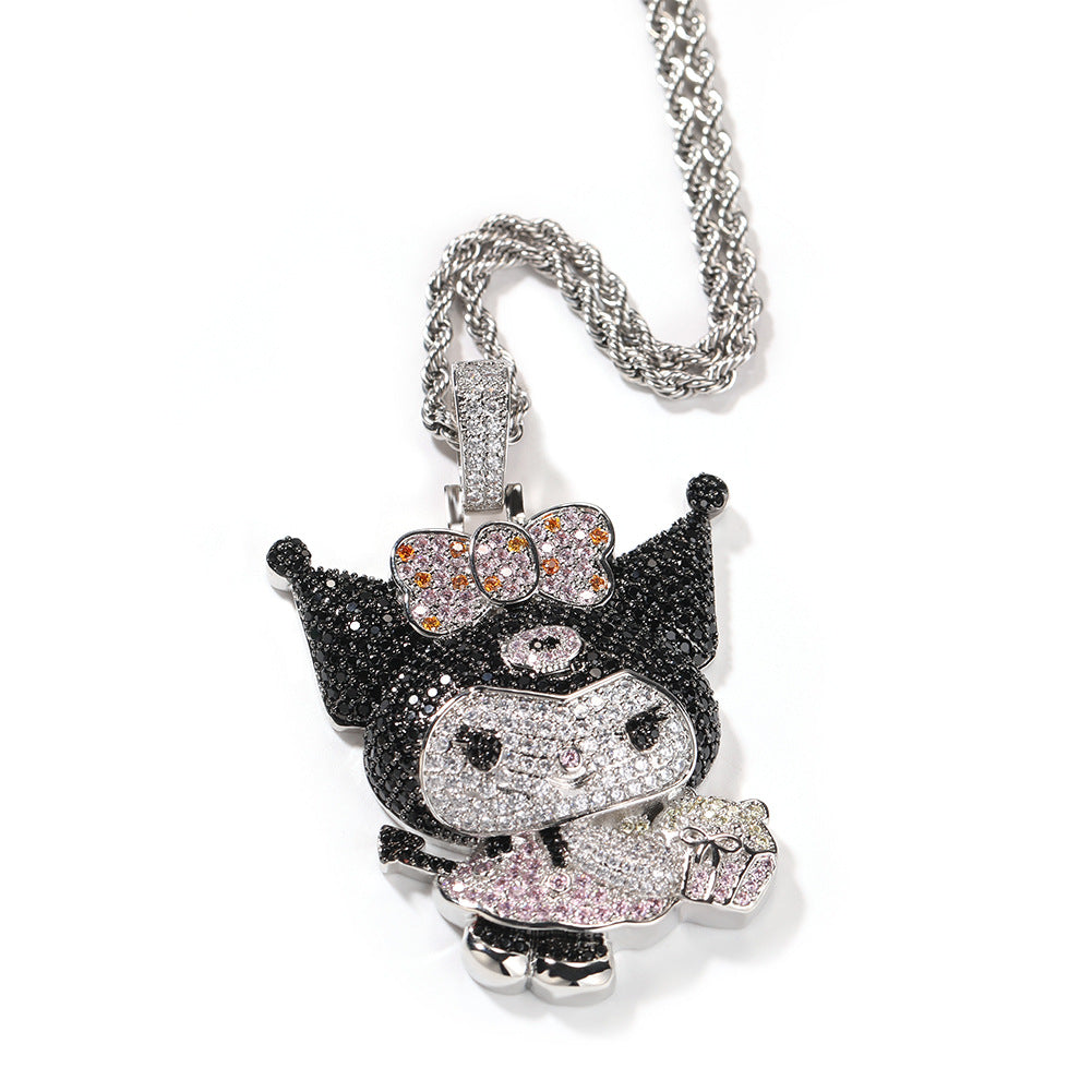 Iced Cartoon Character Pendant Necklace with 24 Inch Twist Chain for Women & Teen Girls