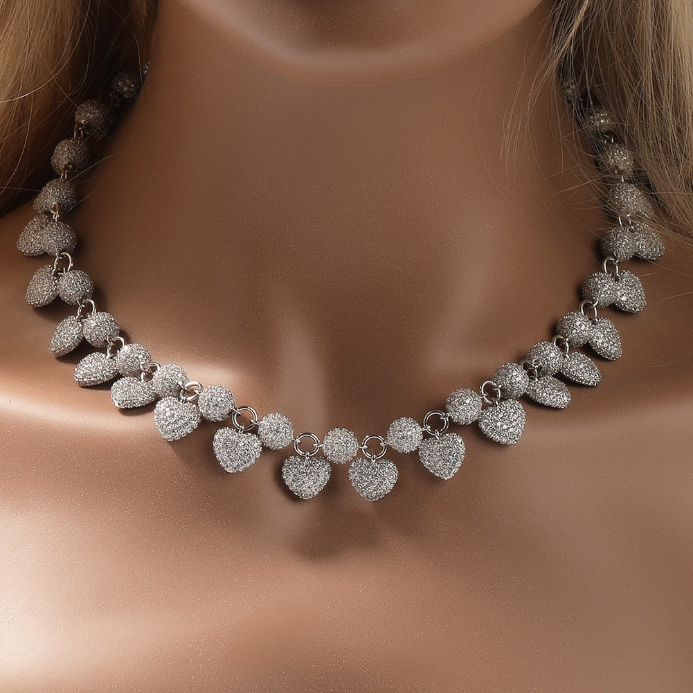 Silver-Tone Iced Out Heart & Round Cubic Zirconia Necklace for Women and Men